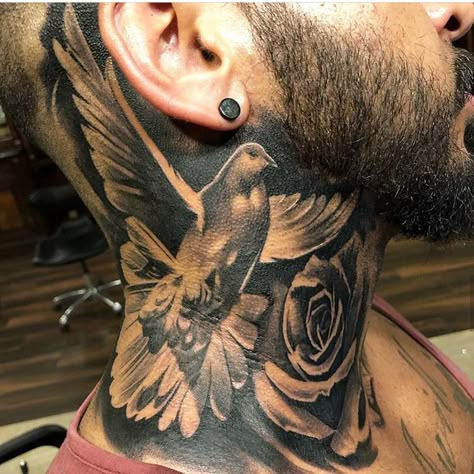 Dove Neck Tattoo, Back Of Neck Tattoo Men, Rose Neck Tattoo, Neck Tats, Front Neck Tattoo, Full Neck Tattoos, Best Neck Tattoos, Small Neck Tattoos, Side Neck Tattoo