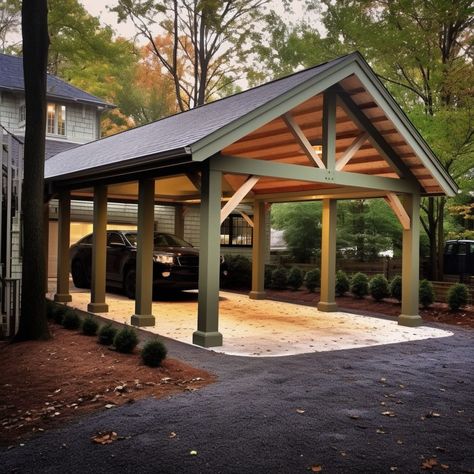 Carport Porch Carport Combo, Gazebo Carport Ideas, Car Port Ideas Front Of House, Pergola Style Carport, Carport Addition To House Side, 2 Car Carport Ideas, Garage Enclosure Ideas, Manufactured Home Carport, Carport Farmhouse