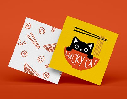 Ramen Branding Design, Cat Packaging Design, Ramen Branding, Visiting Card Creative, Restaurant Proposal, Ramen Packaging, Sushi Branding, Asian Cat, Juice Branding