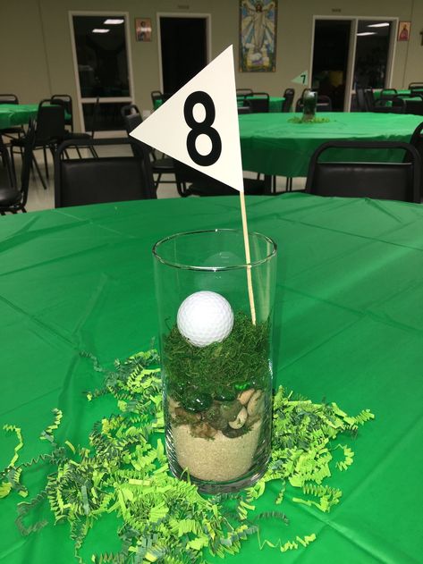 Golf themed party table decorations Golf Table Decorations, Golf Logos, Golf Centerpieces, Masters Party, Golf Party Foods, Golf Fundraiser, Themed Centerpieces, Golf Theme Party, Guest Ideas