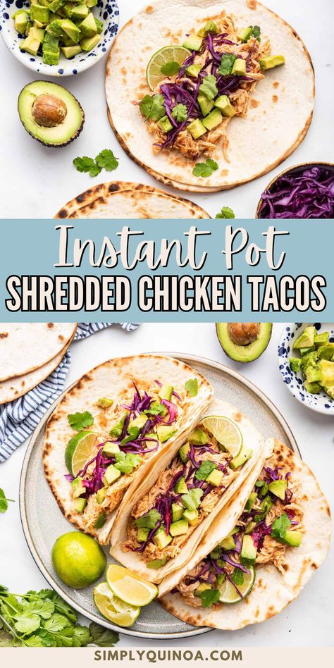 Try this Instant Pot Shredded Chicken Tacos recipe. This super simple Instant Pot recipe is so quick to make for a busy weeknight dinner. Instant Pot shredded chicken tacos use just two ingredients for the filling and then add your favorite taco toppings. Instant Pot Shredded Chicken Tacos, Shredded Chicken Tacos Recipe, Instant Pot Shredded Chicken, Pulled Chicken Tacos, Healthy Chicken Tacos, Shredded Chicken Tacos, Chicken Taco Recipes, Paleo Food, Healthy Tacos