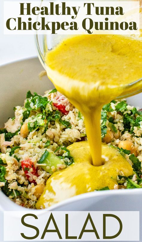 Pouring the lemon dijon dressing over the chickpea tuna salad. Tuna Quinoa Salad, Lemon Dijon Vinaigrette, Tuna Zucchini, Garbanzo Bean Recipes, Chickpea Tuna Salad, Chickpea Tuna, Quinoa Kale, Make Ahead Salads, Healthy Tuna