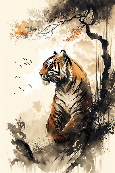 Tiger Japanese Art Sumi-e Ink Style Classic Traditional Painting Japan Art Painting, Asian Tiger Tattoo Japanese Style, Asian Tiger Art, Earth Tiger Tattoo, Tiger And Dragon Tattoo Japanese Style, Fantasy Tiger Art, Japanese Tiger Drawing, Japanese Tiger Tattoo Traditional, Japanese Painting Traditional