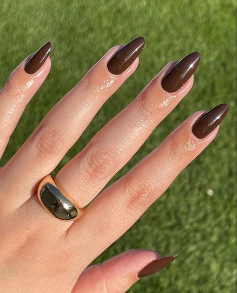 Dark Brown Acrylic Nails Almond, Dark Brown Oval Nails, Dark Brown Nails Almond, Fair Skin Nails, Dark Brown Almond Nails, Brown Oval Nails, Dark Brown Nails, Fall Toe Nails, Gel Acrylic Nails