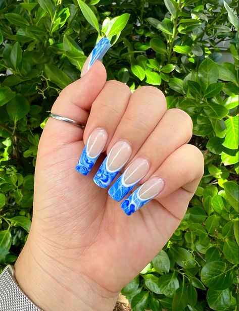 blue tie dye french tip nails Tie Dye Blue Nails, Matte Blue French Tip Nails, Sapphire Blue French Tip Nails, Pretty Acrylic Nails Blue, Blue White French Tip Nails, Tie Dye French Tip Nails, Blue French Tip Designs, Blue Tropical Nails, Blue And White French Tip Nails