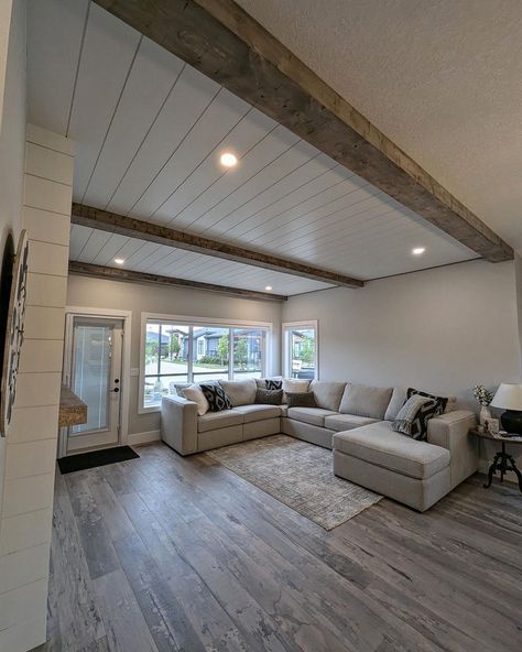 Last one! Shiplap, beams, mantel and shelving unit we completed last week! #reclaimedwood #modernrustic #build #create #design #home #house #yyc #yeg #shiplap #rustic #interiordesign #beams #home #renovation Shiplap Ceiling, Plank Ceiling, Faux Beams, Basement Ceiling, Two Birds, Ceiling Beams, Home House, Finishing Basement, Create Design