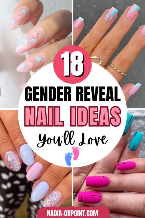 Baby Shower Nail Ideas, Party Nail Ideas, Gender Reveal Nails Ideas, Gender Reveal Simple, Maternity Nails, Gender Reveal Nails, Baby Shower Nails, Rounded Acrylic Nails, Simple Gender Reveal