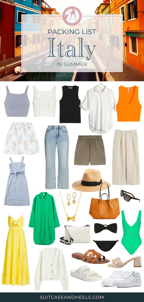 Packing List: Italy in Summer Pack For Italy In Summer, Italy Capsule Wardrobe Summer, What To Wear In Italy In Summer, Packing List Italy, Italy Packing List Summer, Outfits For Italy Summer, Europe Wardrobe, Italy In The Summer, Summer Travel Packing