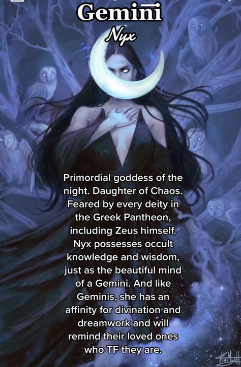 Goddess Zodiac Signs, Nyx Witchcraft, Gemini Goddess Art, Gemini Witch, Gemini Goddess, Dark Goddesses, Pagan Aesthetic, Gemini Zodiac Quotes, All About Gemini