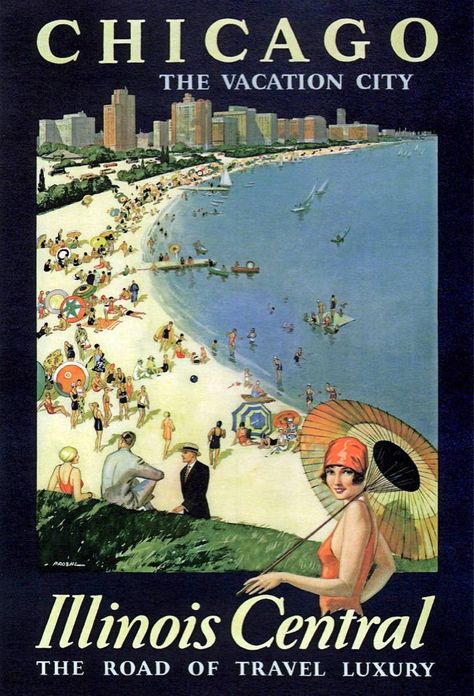 A POSTER - CHICAGO - DRAWING OAK STREET BEACH - AERIAL - DRAWING OF BATHING BEAUTY WITH PARASOL - THE VACTION CITY - ILLINOIS CENTRAL POSTER - NICE VERSION - 1929 Chicago Vacation, Jules Cheret, Chicago Poster, Chicago Art, Chicago Travel, Vintage Train, Travel Wall Art, Travel Wall, Travel And Tourism