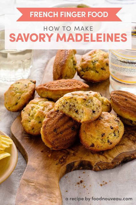 These elegant savory madeleines are addictively fluffy, salty, and cheesy. They're easy to make and even make-ahead-friendly! Perfect for a French-themed happy hour! Savory Madeleine Recipes, Recipe For Madeleine Cookies, Moist Madeleine Recipe, Madeline Recipe French, Madeleine Flavors, Madeleine Recipe, Recipes Bread, Daily Bread, Muffin Pan