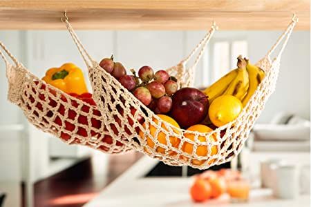 Fruit Hammock Under Cabinet, Under Cabinet Fruit Basket, Under Cabinet Fruit Storage, Fruit Holder Ideas Kitchen, Fruit Bowl Ideas Decor Counter Space, Crochet Fruit Hammock, Under Cabinet Fruit Hammock, Kitchen Hammock, Hanging Fruit Hammock