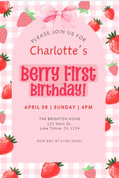 Berry First Birthday Invitation Modern Strawberry Invitation Strawberry Birthday Editable Digital Template INSTANT DOWNLOAD Berry Birthday Theme, One Berry Sweet Girl Birthday, First Birthday Strawberry Theme, Berry First Birthday Invitation, Brighton Houses, Berry First Birthday, Strawberry Birthday, Strawberry Party, Modern Invitation