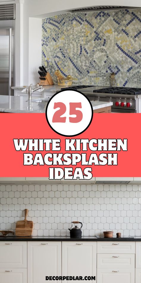 Discover 20 timeless white kitchen backsplash ideas to inspire your next home project. Busy Countertops, White Kitchen Backsplash Ideas, Timeless White Kitchen, White Terrazzo Tile, Classic Backsplash, Backsplash For White Cabinets, Moroccan Fish Scale Tile, Brick Look Tile, White Kitchen Backsplash