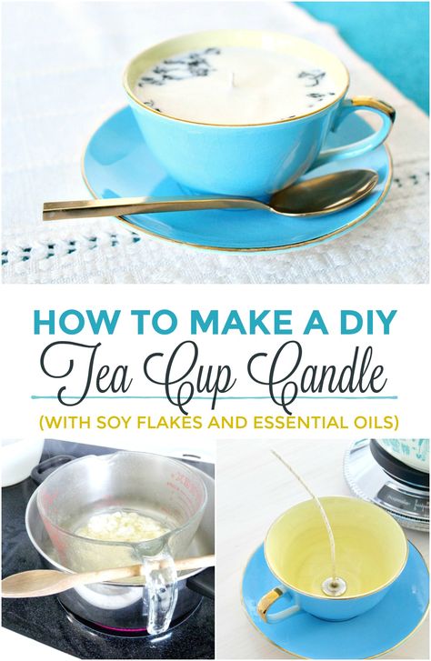 How to Make a DIY Tea Cup Candle with Soy Flakes and Essential Oil. DIY Earl Grey Tea Cup Candle in Upcycled Tea Cup. #diycandle #teacupcandle #upcycledcrafts Diy Tea Cup, Tea Cup Candles Diy, Tea Cup Candles, Candle Recipe, Homemade Candle Recipes, Tea Cup Candle, Cup Candles, Eucalyptus Candle, Homemade Candle