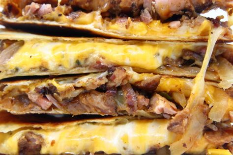 Cheesy Smoked Rib Quesadillas | System of a Brown Bbq Pork Sandwiches, Sauteed Onions, Smoked Pork Ribs, Leftover Recipes, Bbq Pork Ribs, Pork Dinner, Smoked Ribs, Vegetarian Entrees, Smoked Pork