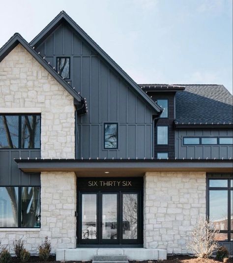 Sherwin Williams Iron Ore, Iron Ore Sherwin Williams, Casa Country, Iron Ore, Casa Exterior, Modern Farmhouse Exterior, Exterior Stone, Black House Exterior, Farmhouse Exterior