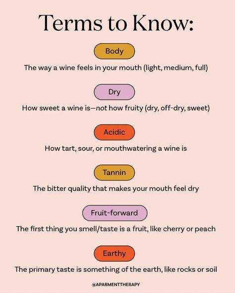 Unlock the secrets of wine with these six essential terms that will elevate your wine-tasting game. Whether you're a novice or a seasoned enthusiast, understanding these key concepts will help you navigate wine menus with confidence and impress your friends at the next gathering. From tannins to terroir, get ready to sip smarter and enjoy every glass like a true connoisseur. Cheers to expanding your wine vocabulary and enhancing your tasting experience! Wine Reference, Wine Cheat Sheet, Natural Wine Bar, Wine Etiquette, Wine Terms, Wine Basics, Wine Chart, Wine Cheese Pairing, Wine Facts