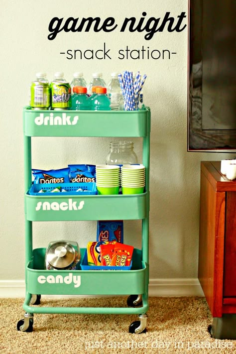 3 Tier Snack Cart, Corner Snack Bar Ideas, Gaming Snack Setup, Home Snack Station, Snacks Corner, Home Snack Ideas, Snack Corner Ideas Bedroom, Snack Cart Ideas For Home, Game Night Dinner Ideas