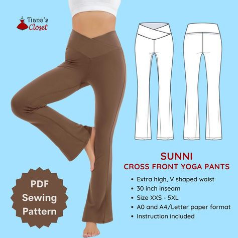 Exclusive patterns from the author of Tiana's Closet Sewing Patterns. Visit my blog for more ideas, sewing tips and free patterns: https://tianascloset.com/ The Sunni crisscross waist yoga pants are undeniably the staple item for those who loves yoga or workout. Wear it to your daily work out routine, or when you want to be extremely comfortable - it will not let you down! The most notable thing is that these pants are simple and easy to sew. You only need to know how to work with stretch fabric Mid Rise Pants Pattern, Sewing Yoga Pants Diy, Yoga Sewing Projects, Yoga Pants Sewing Pattern, Sewing Pants Pattern, Pants Pattern Sewing, Jeans Sewing Pattern, Leggings Sewing Pattern, Pants Pattern Free