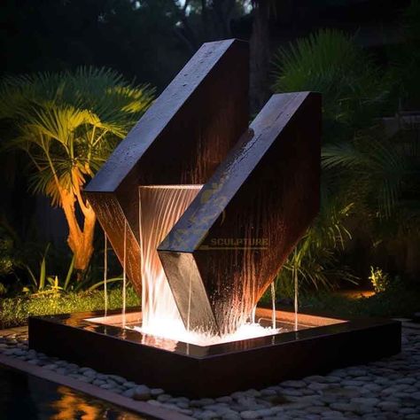 geometric fountain,metal fountain sculpture,outdoor fountain sculpture,outdoor fountain,garden fountain,garden fountain sculpture,geometric sculpture,modern fountain,modern outdoor fountain,fountain sculpture Modern Outdoor Fountain Ideas, Waterfall Landscape Design, Outdoor Fountains Landscape, Pool Statues, Front Yard Fountain Ideas, Pool Waterfall Landscaping, Contemporary Fountain, Garden Art Sculptures Statues, Garden Fountain Ideas