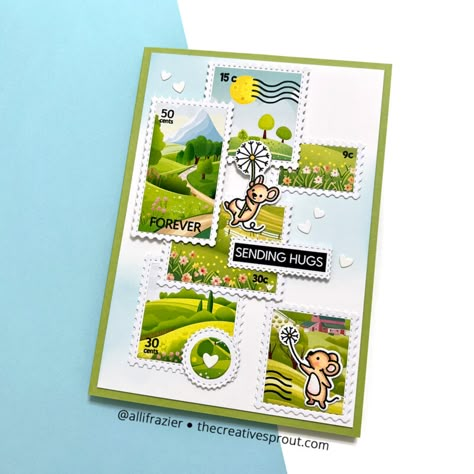 Patterned Paper and Postage Collage Dies Postage Stamps Collage, Postage Stamp Design, Collage Cards, Lawn Fawn Cards, Postage Stamp Art, Monster Birthday, New Blog Post, Friends Happy, Lawn Fawn