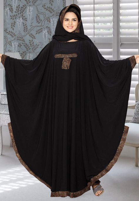 Readymade Lycra Black Abaya This Round Neck Islamic Wear is Beautified with Printed Patch Border Work Available with a Black Lycra Hijab  Do note: Accessories shown in the image are for presentation purposes only.(Slight variation in actual color vs. image is possible.) Stylish Burqa Designs, Burka Fashion, Abaya Designs Dubai, Burqa Designs, Khaleeji Abaya, Farasha Abaya, Bridal Hijab Styles, Abaya Fashion Dubai, Abaya Black