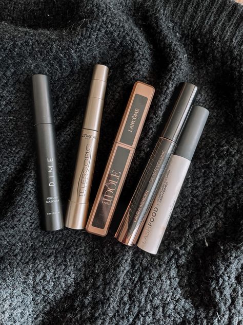 Mascara Astethic, Aesthetic Mascara, Makeup Routine Products, Mascara Aesthetic, Loreal Telescopic, Idole Mascara, Mascara Collection, Mascara Loreal, Dime Beauty