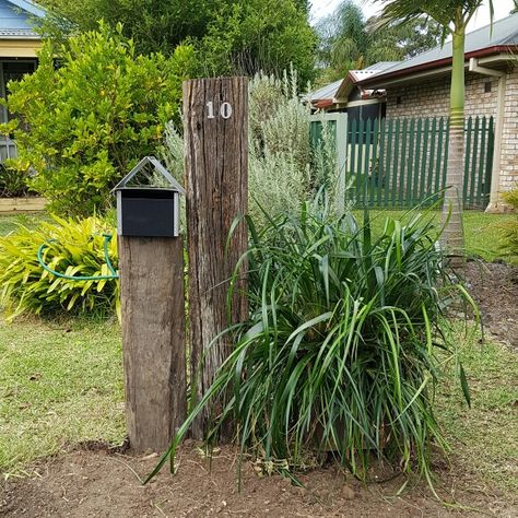 Diy Post Box Ideas, Diy Postbox Ideas, Rustic Letterbox Ideas, Sleeper Letterbox Ideas, Wooden Post Box Ideas, Railway Sleeper Letter Boxes, Rustic Letterbox, Rustic Mailboxes, Fancy Fence