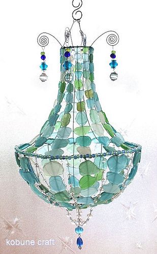 sea glass chandelier | by kobunecraft Sea Glass Chandelier, Wire Chandelier, Driftwood Chandelier, Glass Art Pictures, Painted Glass Art, Seaside Decor, Sea Crafts, Diy Chandelier, Sea Glass Crafts