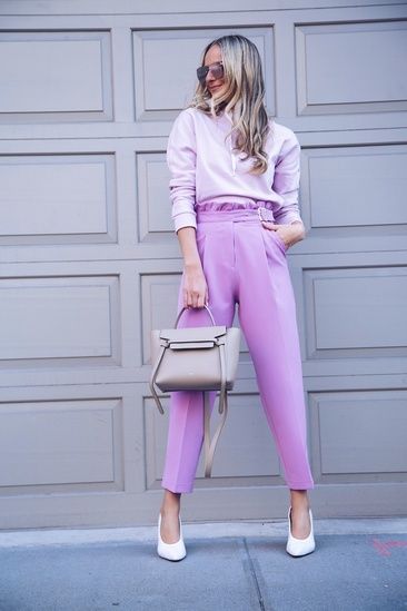 Pink And Lilac Outfit, Lavender Pants Outfit, Lilac Pants Outfit, Light Purple Outfit, Lavender Clothes, Purple Pants Outfit, Lilac Shades, Lilac Sweater, Lavender Pants