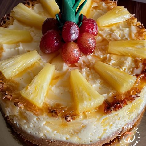 Pineapple Right Side Up Cheesecake Tropical Pineapple Cheesecake Tart, Pineapple Right Side Up Cheesecake, Pineapple Cheesecake Recipes, Summer Cheesecake Recipes, Pineapple Upside Down Cheesecake, Summer Cheesecake, Mini Pineapple Upside Down Cakes, Pineapple Cheesecake, Tropical Desserts