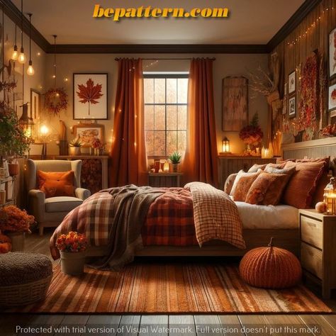 Autumn Cozy Bedroom, Fall Inspired Bedroom, Fall Aesthetic Bedroom, Fall Themed Bedroom, Autumn Bed, Cozy Autumn Home, Fall Apartment, Autumn Bedroom, Autumn Room