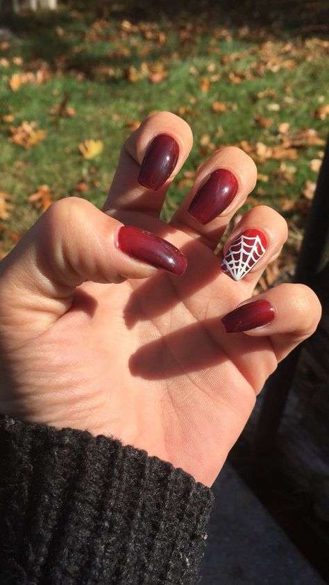 Mood changing gel polish #red #black #spiderWeb 🕸🕷👻💀🎃 Red Nails With Ghost, Halloween Nails Burgandy, Red And Black Spooky Nails, Simple Spiderweb Nails, Red Nails With Spiderweb, Red Spiderweb Nails, Red Spider Web Nails, Red And Black Halloween Nails Acrylic, Dark Red Halloween Nails