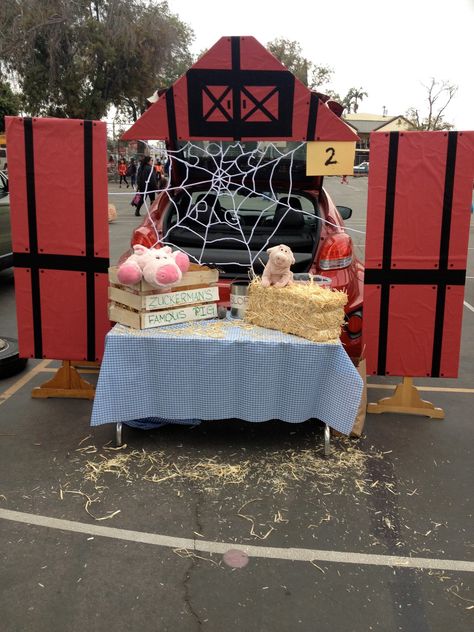 Trunk or treat - Charlotte's Web - foam core, butcher paper and black duct tape. Oh...and about a gajillion white pipe cleaners. Trunk Or Treat Ideas Charlottes Web, Charlotte's Web Trunk Or Treat Ideas, Charlotte Web Trunk Or Treat, Trunk Or Treat Charlottes Web, Trunk Or Treat Ideas Farm Theme, Charlotte’s Web Trunk Or Treat Ideas, Trunk Or Treat Ideas Chik Fil A, Charlotte's Web Trunk Or Treat, Barn Trunk Or Treat Theme