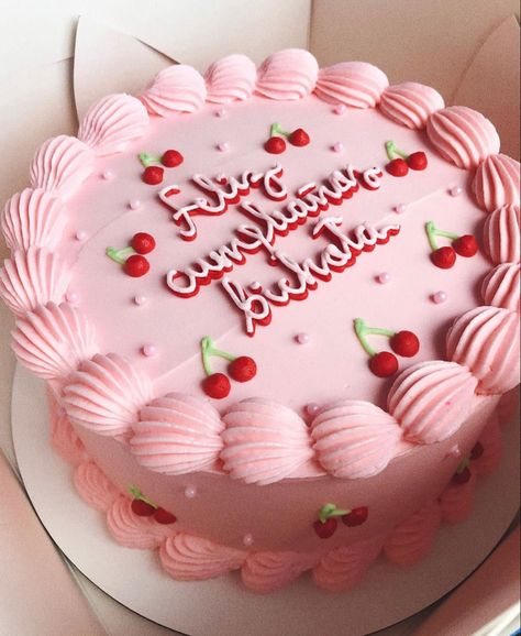 Simple Cherry Cake Design, Pink Cherry Birthday Cake, Birthday Cake Valentines Day, Happy Birthday Cack, Simple Piping Designs On Cakes, Round Cakes Ideas, Pink Cherry Cake, Cherry Decorated Cake, Cherry Themed Cake