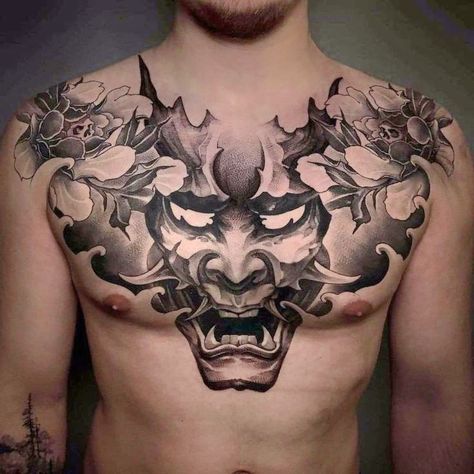 Desain Tattoo, Hannya Mask Tattoo, Oni Demon, Egypt Tattoo, Demon Tattoo, Mask Tattoo, Chest Tattoo, Black And Grey Tattoos, Black Tattoos