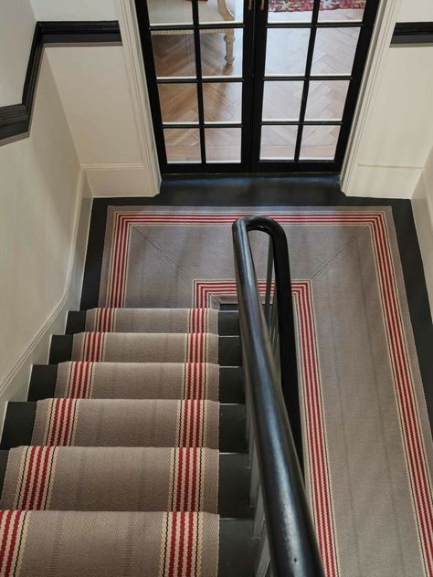 Stair Runner Inspiration Gallery Staircase Runner With Rods, Roger Oates Stair Runner, Runner On Stairs With Landing, Stair Runner With Landing, Stairs Runners, Roger Oates, 1930s House Renovation, Striped Stair Runner, Stair Runner Installation