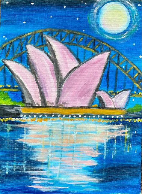 Sydney Harbour Bridge Craft, Sydney Opera House Painting, Australia Drawing, Australia Painting, Plant Drawings, Australia Landscape, Painting Videos Tutorials, Bridge Painting, Harbour Bridge