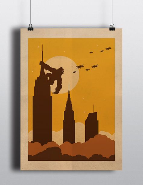 Skyline met King Kong King Kong Image, King Kong Movie, King Kong Art, Kong Godzilla, Building Painting, New York Poster, New York Art, Film Prints, Art Print Poster