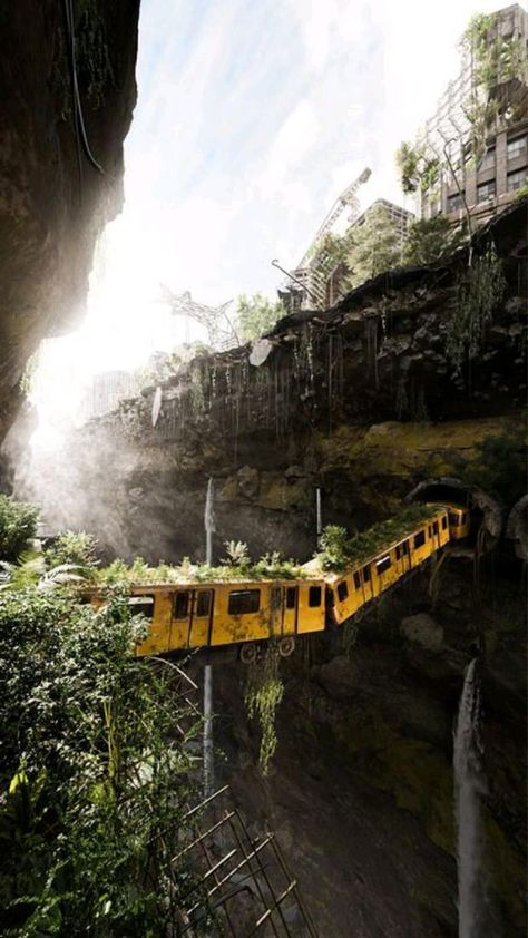 Post Apocalypse Nature, Abandoned Subway Train, Post Apocalyptic Cityscape, Post Apocalyptic Train, Apocalyptic World Art, Nature Taking Over Aesthetic, Dystopian Forest Aesthetic, Overgrown City Drawing, Post Apocalyptic Setting