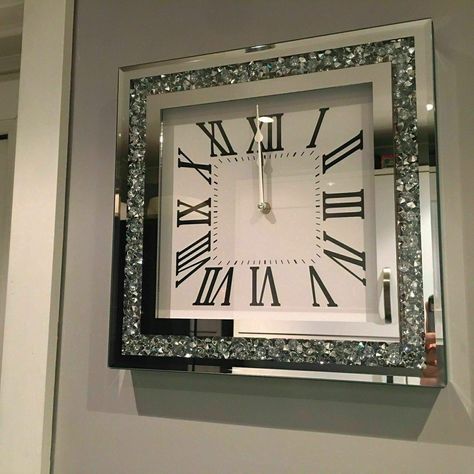 Roman Clock, Roman Numbers, Crushed Diamonds, Diamond Mirror, Mirrored Wall, Mirror Wall Clock, Badass Style, Square Wall Clock, Square Mirror