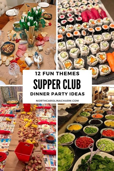 House Party Dinner Ideas, Dinner Ideas For Party Entertaining, Easy Dinner For Friends Parties, Dinner For Bunco Group, Theme Family Dinner Ideas, Group Food Themes, Supper Club Appetizers, Family Dinner Night Themes, Bunco Menu Ideas Dinners