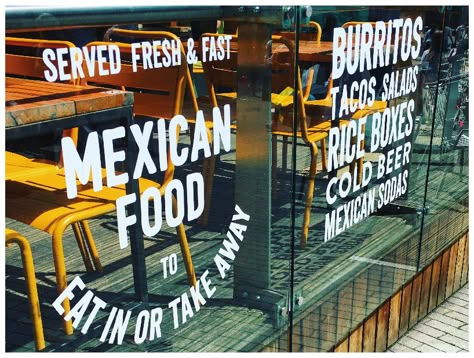 Restaurant Environmental Graphics, Restaurant Window Design, Restaurant Signage Design, Mission Burrito, Restaurant Plans, Window Ads, Restaurant Window, Window Graphic, Restaurant Signage