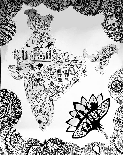 India Patriotism Art, India Illustration Doodles, India Doodle Art, Desi Doodle, India Doodle, Patriotism Art, Peacock Mandala Art, Maps Aesthetic, Mehandhi Designs