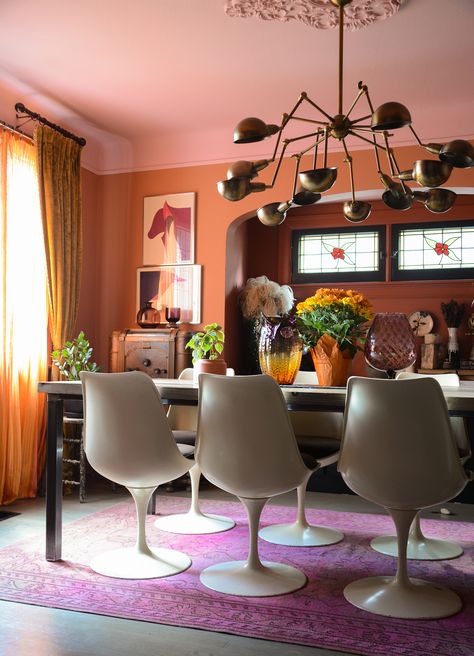 In Ottawa, Ontario, a Bold Black Walls Pink Ceiling, Colour Ceiling Living Room, Orange Ceiling Living Room, Pink And Orange Dining Room, Bold Eclectic Living Room, Farrow And Ball Orange, Pink Dining Room Walls, Coloured Ceiling Bedroom, Painted Ceiling Dining Room