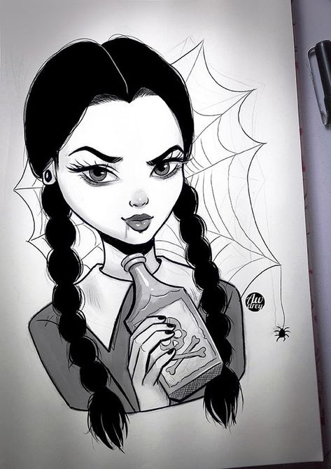 Cute Wednesday Addams Drawing, Wendsday Addams Drawing, Wednesday Adams Painting, Wednesday Addams Thing Drawing, Wednesday Doodle Art, Wendsday Adams Tattoo Ideas, Wednesday Addams Painting Ideas, Wednesday Addams Anime Art, Drawing Ideas Wednesday