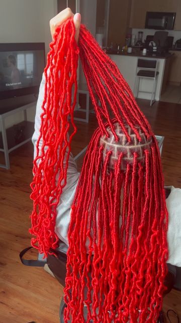 Red Soft Locs Black Women, Red And Black Soft Locs, Different Color Soft Locs, Red Faux Locs Black Women, Soft Locs Red, Red Goddess Locs, December Braids, Faux Locs Red, Red Soft Locs