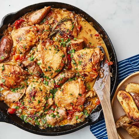 Chicken Scarpariello Recipe | Bon Appétit Chicken Scarpiello, Chicken Scarpariello Recipe, Chicken Scarpiello With Sausage, Chicken Scarpariello All Recipes, Chicken Scarpariello With Sausage And Potatoes, Pasquale Sciarappa Recipes Chicken, Chicken Scarpariello, Peppadew Peppers, Chicken Thighs Dinner