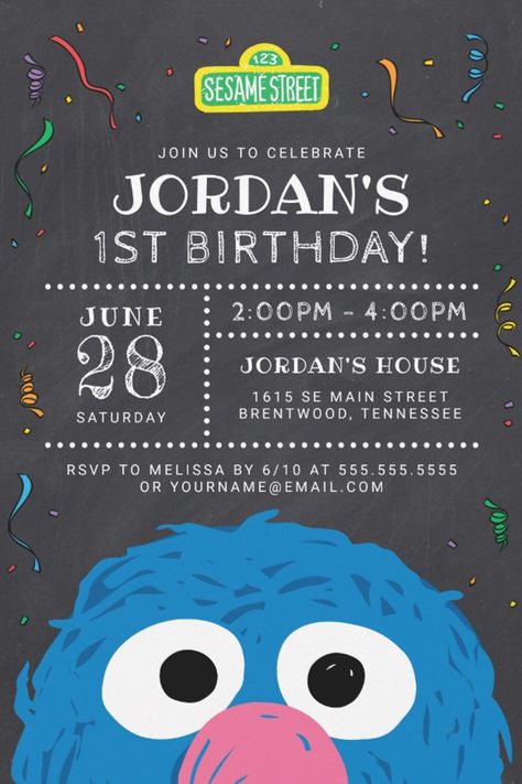 Sesame Street | Grover Chalkboard Birthday Invitation
Invite all your family and friends to your child's birthday with these chalkboard birthday invitations featuring Grover! Personalize by adding all your party details! Grover Birthday Party, Grover Sesame Street, Elmo First Birthday, Chalkboard Birthday, Sesame Street Party, Birthday Chalkboard, Street Party, Party Details, Girl Party